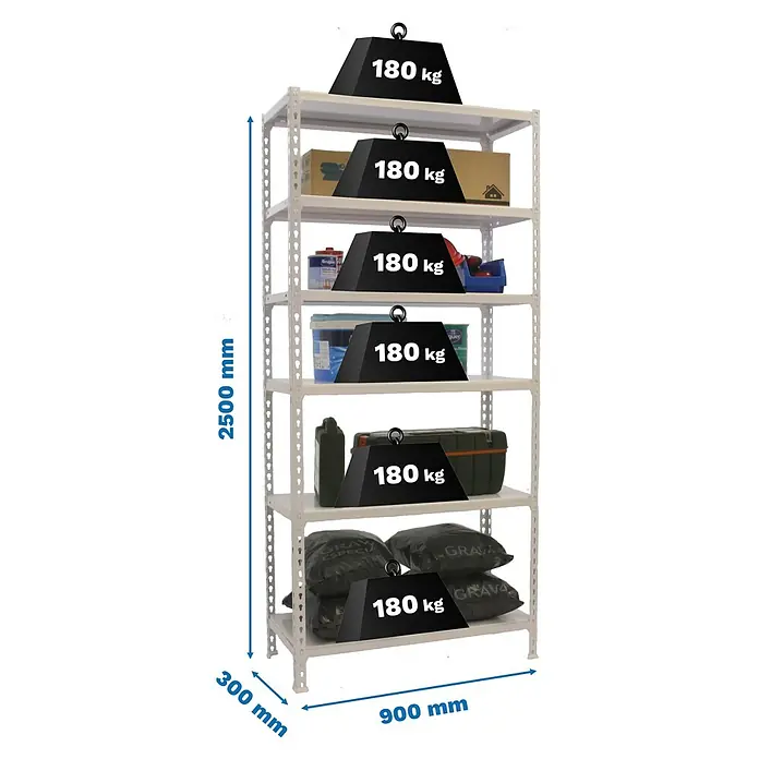 Simonrack Simonclick Metallregal Simonclick Plus - H x B x T: 250 x 90 x 30 cm, Traglast pro Boden: 180 kg, Anzahl Böden: 6 Stk., Stecken, Weiß/Weiß - Abbildung eines Schwerlastregals mit sechs Fächern, das jeweils mit 180 kg belastet ist, Gesamtmaße 2500 mm Höhe, 300 mm Tiefe und 900 mm Breite.