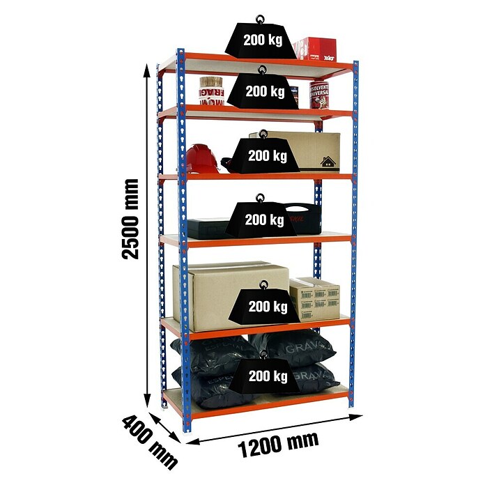 Simonrack Maderclick Metallregal Maderclick MegaPlus (H x B x T: 250 x 120 x 40 cm, Traglast pro Boden: 200 kg, Anzahl Böden: 6 Stk., Stecken, Blau/Orange) | BAUHAUS