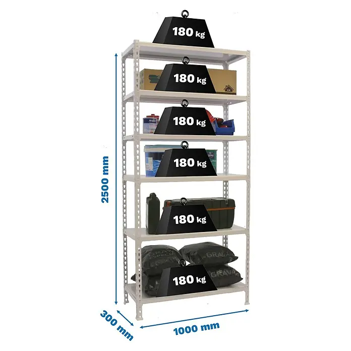 Simonrack Simonclick Metallregal Simonclick Plus - H x B x T: 250 x 100 x 30 cm, Traglast pro Boden: 180 kg, Anzahl Böden: 6 Stk., Stecken, Weiß/Weiß - Ein weißes Metallregal mit sechs Ebenen, beladen mit verschiedenen Gegenständen und Gewichten von 180 kg auf jeder Ebene.