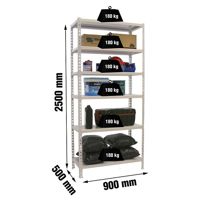 Simonrack Simonclick Metallregal Simonclick Plus (H x B x T: 250 x 90 x 50 cm, Traglast pro Boden: 180 kg, Anzahl Böden: 6 Stk., Stecken, Weiß/Weiß) | BAUHAUS