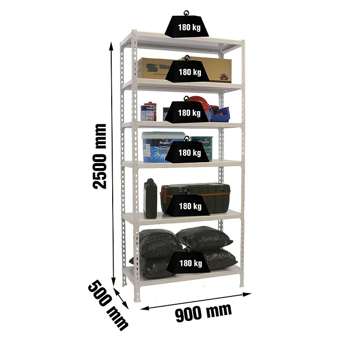 Simonrack Simonclick Metallregal Simonclick Plus - H x B x T: 250 x 90 x 50 cm, Traglast pro Boden: 180 kg, Anzahl Böden: 6 Stk., Stecken, Weiß/Weiß - Abbildung eines weißen Regals mit sechs Fächern, auf denen sich verschiedene Gegenstände und schwarze Gewichte mit der Aufschrift "180 kg" befinden.