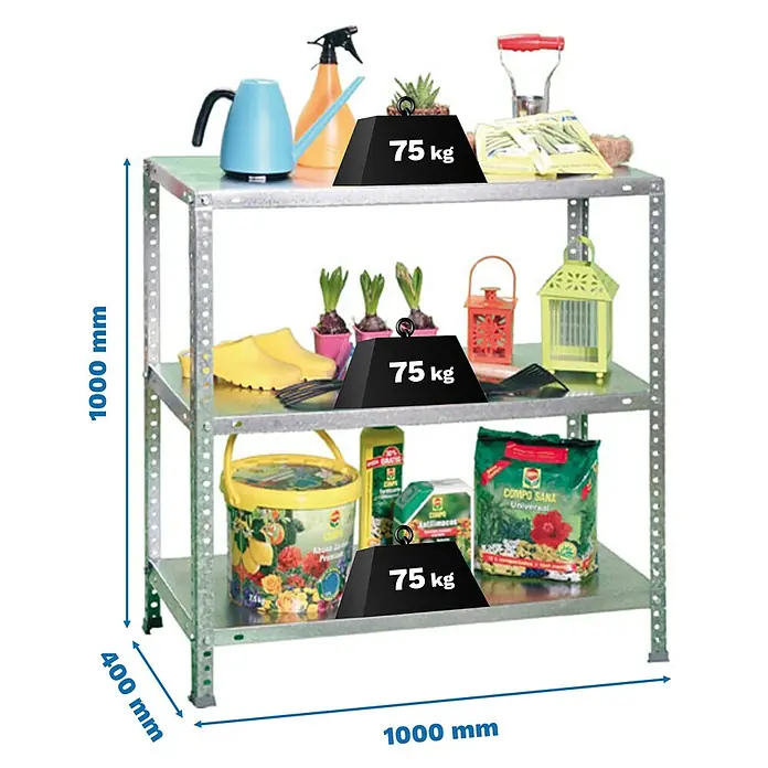 Simonrack Simonclassic Metallregal Advantage Plus - H x B x T: 100 x 100 x 40 cm, Traglast pro Boden: 75 kg, Anzahl Böden: 3 Stk., Schrauben, Silber - Ein robustes Metallregal mit drei Ebenen, beladen mit Gartenzubehör und Gewichten zur Demonstration der Tragfähigkeit.
