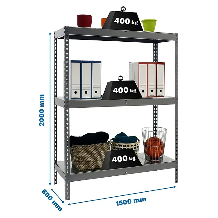 Simonrack Ecoforte Metallregal Ecoforte Metall - H x B x T: 200 x 150 x 60 cm, Traglast pro Boden: 400 kg, Anzahl Böden: 3 Stk., Stecken, Grau - Produktansicht: Ein graues Schwerlastregal mit drei Ebenen, Maße 2000 mm Höhe, 1500 mm Breite und 600 mm Tiefe, belastbar mit 400 kg pro Ebene.