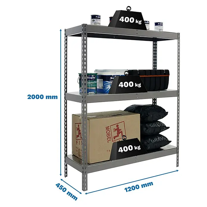 Simonrack Ecoforte Metallregal Ecoforte Metall - H x B x T: 200 x 120 x 45 cm, Traglast pro Boden: 400 kg, Anzahl Böden: 3 Stk., Stecken, Grau - Abbildung eines Schwerlastregals mit drei Ebenen, das mit Waren und Gewichten bis 400 kg belastet ist. Die Maße des Regals sind angegeben.