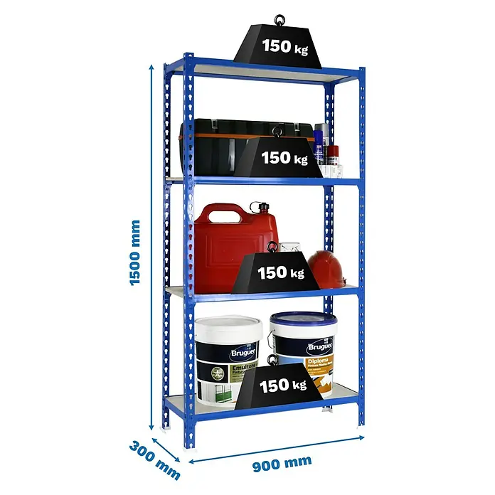 Simonrack Maderclick Metallregal Maderclick - H x B x T: 150 x 90 x 30 cm, Traglast pro Boden: 150 kg, Anzahl Böden: 4 Stk., Stecken, Blau - Ein blaues Metallregal mit vier Ebenen, beladen mit Farbeimern, einem Benzinkanister und einer Werkzeugkiste, jeweils mit 150 kg beschwert.