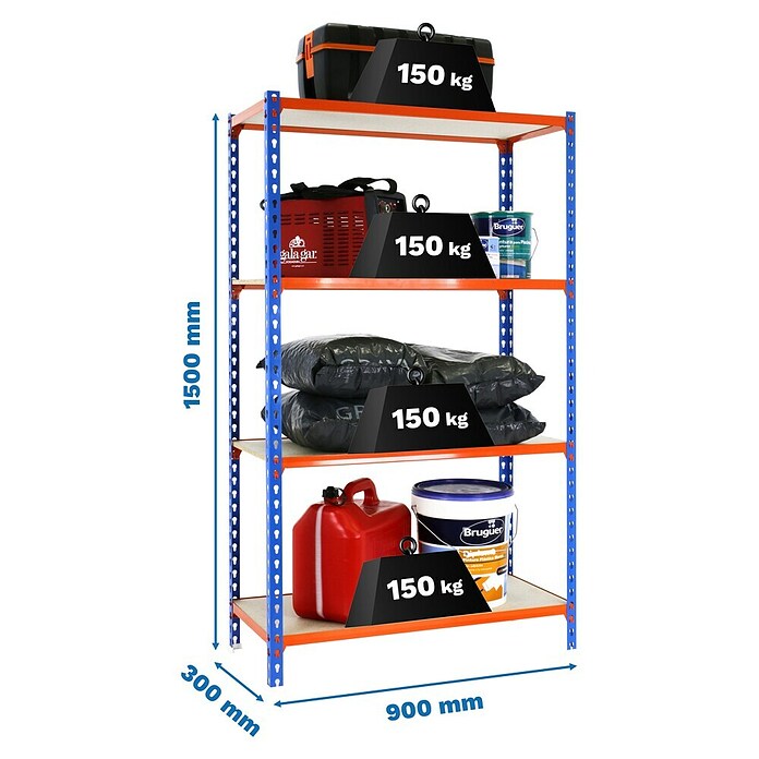 Simonrack Maderclick Metallregal Maderclick (H x B x T: 150 x 90 x 30 cm, Traglast pro Boden: 150 kg, Anzahl Böden: 4 Stk., Stecken, Blau/Orange) | BAUHAUS