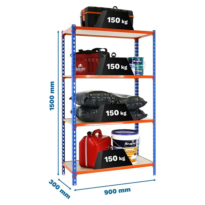 Simonrack Maderclick Metallregal Maderclick - H x B x T: 150 x 90 x 30 cm, Traglast pro Boden: 150 kg, Anzahl Böden: 4 Stk., Stecken, Blau/Orange - Das Bild zeigt ein blau-oranges Schwerlastregal mit vier Ebenen, jede belastbar bis 150 kg, befüllt mit Werkzeug, Farbe und Säcken.
