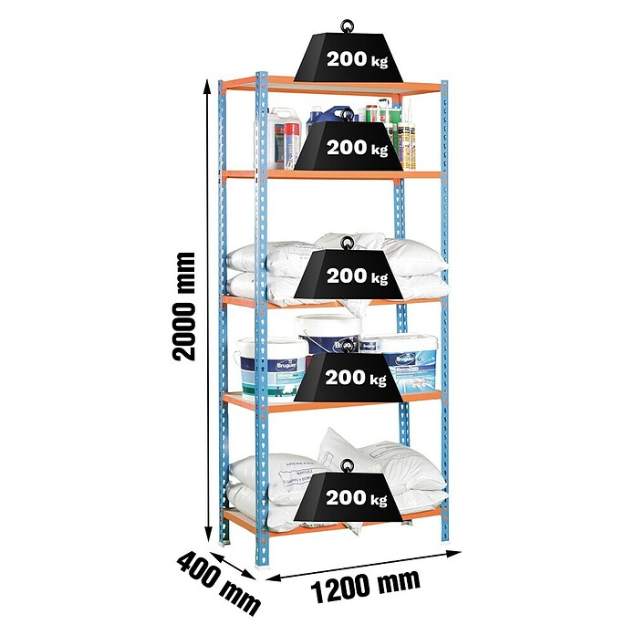 Simonrack Maderclick Metallregal Maderclick MegaPlus (H x B x T: 200 x 120 x 40 cm, Traglast pro Boden: 200 kg, Anzahl Böden: 5 Stk., Stecken, Blau/Orange) | BAUHAUS