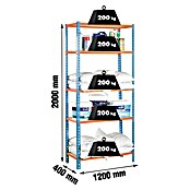 Simonrack Maderclick Metallregal Maderclick MegaPlus (H x B x T: 200 x 120 x 40 cm, Traglast pro Boden: 200 kg, Anzahl Böden: 5 Stk., Stecken, Blau/Orange) | BAUHAUS