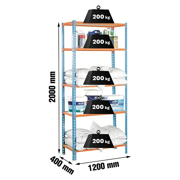 Simonrack Maderclick Metallregal Maderclick MegaPlus - H x B x T: 200 x 120 x 40 cm, Traglast pro Boden: 200 kg, Anzahl Böden: 5 Stk., Stecken, Blau/Orange - Aufnahme eines blauen Regals mit fünf Ebenen, von denen jede mit 200 kg beladen ist, mit Größenangaben.