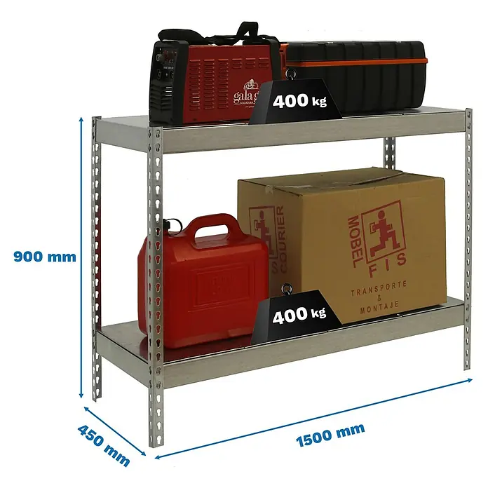 Simonrack Simontaller Schwerlastregal Ecoforte Metall - H x B x T: 90 x 150 x 45 cm, Traglast pro Boden: 400 kg, Anzahl Böden: 2 Stk., Stecken, Silber - Abbildung eines Regals mit zwei Ebenen, das mit verschiedenen Gegenständen und Gewichten von 400 kg auf jeder Ebene beladen ist.
