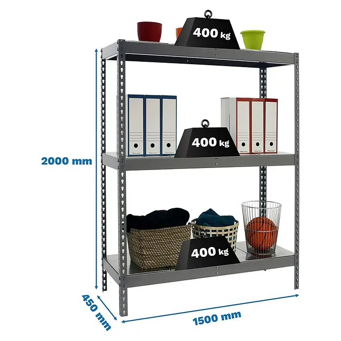 Simonrack Ecoforte Metallregal Ecoforte Metall - H x B x T: 200 x 150 x 45 cm, Traglast pro Boden: 400 kg, Anzahl Böden: 3 Stk., Stecken, Grau - Darstellung eines grauen Metallregals mit drei Ebenen, mit Abmessungen und Gewichtsangaben versehen.