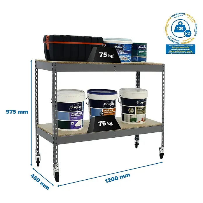 Simonrack Simontaller Metallregal Ecoforte Chipboard Mobil - H x B x T: 97,5 x 120 x 45 cm, Traglast pro Boden: 75 kg, Anzahl Böden: 2 Stk., Stecken, Grau, Rollen - Abbildung eines praktischen Metallregals mit zwei Ablagen und Rollen, ideal für Werkstatt oder Garage.