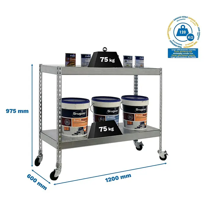 Simonrack Simontaller Metallregal Ecoforte Metall Mobil - H x B x T: 97,5 x 120 x 60 cm, Traglast pro Boden: 75 kg, Anzahl Böden: 2 Stk., Stecken, Silber, Rollen - Produktbild eines Rollwagens mit zwei Ebenen, beladen mit Farbeimern und Gewichten, Maße sind dargestellt.\n