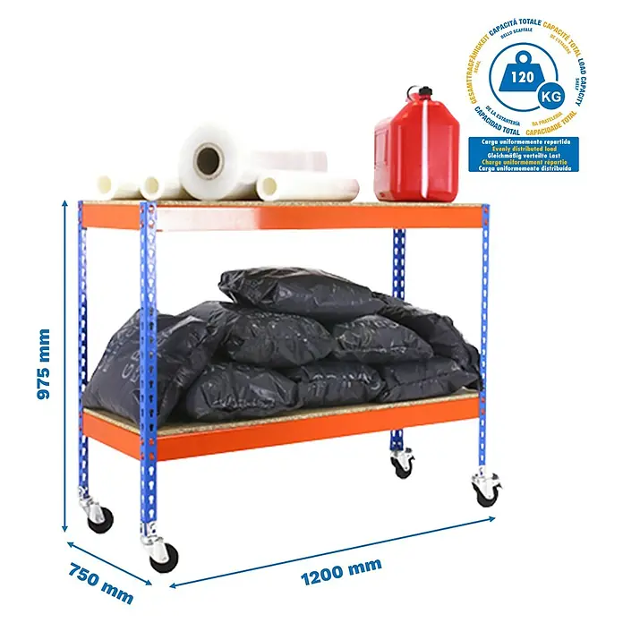 Simonrack Simontaller Metallregal Ecoforte Chipboard Mobil - H x B x T: 97,5 x 120 x 75 cm, Traglast pro Boden: 75 kg, Anzahl Böden: 2 Stk., Stecken, Blau/Orange, Rollen - Regal mit zwei Ebenen, blauem Gestell und orangefarbenen Böden, beladen mit Folie, Kanister und Säcken. Maximale Traglast 120 kg.