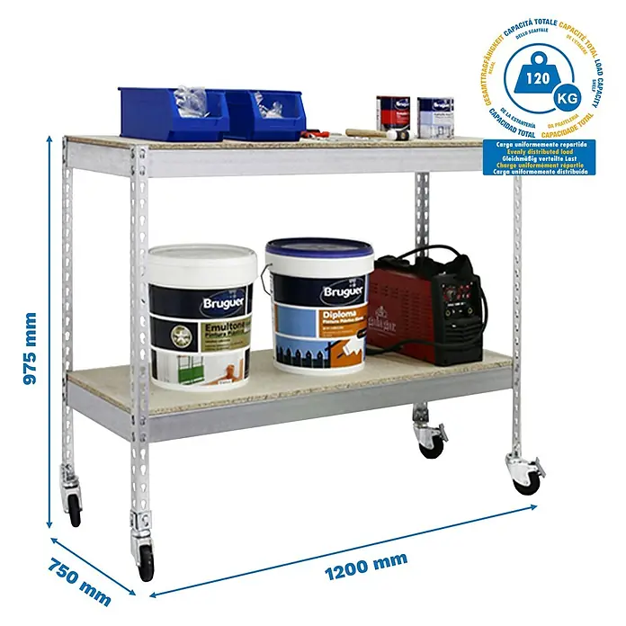 Simonrack Simontaller Metallregal Ecoforte Chipboard Mobil - H x B x T: 97,5 x 120 x 75 cm, Traglast pro Boden: 75 kg, Anzahl Böden: 2 Stk., Stecken, Silber, Rollen - Werkbank mit zwei Ebenen und Rollen, belastbar bis 120 kg, ideal für Werkstatt und Lager.\n