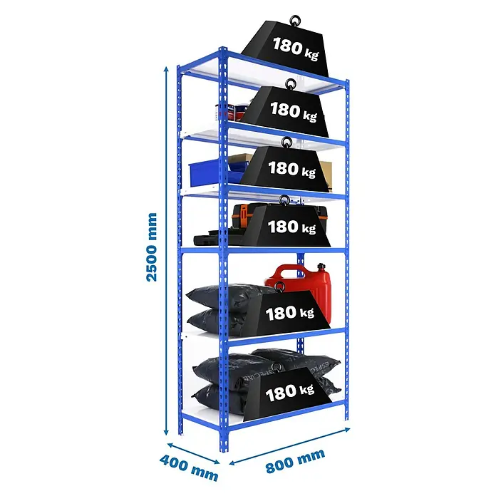 Simonrack Simonclick Metallregal Simonclick Mini - H x B x T: 250 x 80 x 40 cm, Traglast pro Boden: 180 kg, Anzahl Böden: 6 Stk., Stecken, Blau/Weiß - Abbildung eines blauen Regals mit sechs Ebenen, das mit verschiedenen Gegenständen und Gewichten von 180 kg beladen ist, wobei die Abmessungen angegeben sind.