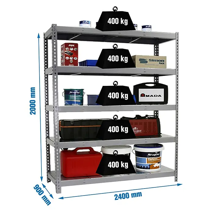 Simonrack Simonforte Schwerlastregal Simonforte Metall - H x B x T: 200 x 240 x 90 cm, Traglast pro Boden: 400 kg, Anzahl Böden: 5 Stk., Stecken, Grau/Silber - Bild eines Metallregals mit fünf Ablagen, beladen mit verschiedenen Gegenständen und Gewichtsangaben.