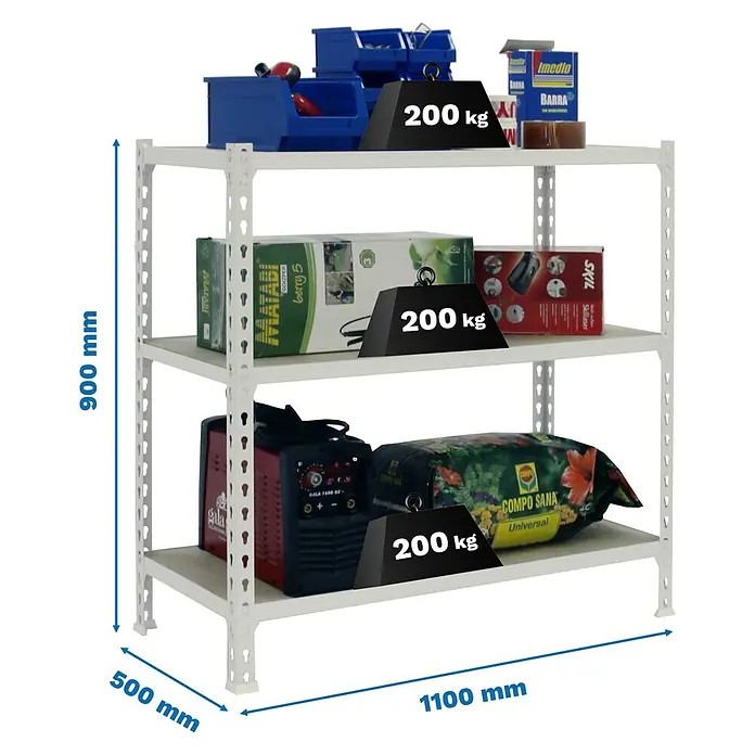 Simonrack Maderclick Metallregal Maderclick SuperPlus - H x B x T: 90 x 110 x 50 cm, Traglast pro Boden: 200 kg, Anzahl Böden: 3 Stk., Stecken, Weiß - Belastbares Schwerlastregal mit drei Ebenen, ideal für Werkstatt oder Lager, mit Gewichtsangaben für jede Ebene.