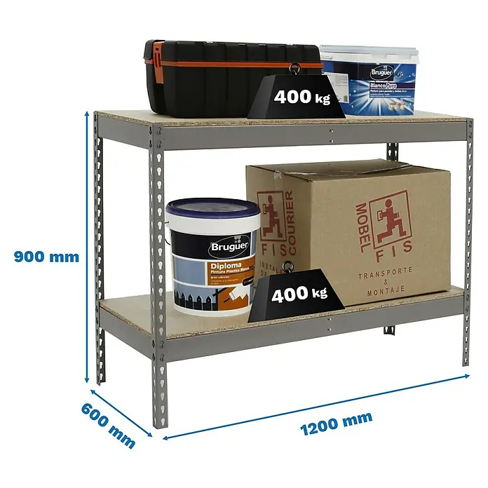 Simonrack Simontaller Schwerlastregal Ecoforte Chipboard - H x B x T: 90 x 120 x 60 cm, Traglast pro Boden: 400 kg, Anzahl Böden: 2 Stk., Stecken, Grau - Regal mit Werkzeugkasten, Farbeimern und Karton, belastet mit je 400 kg.