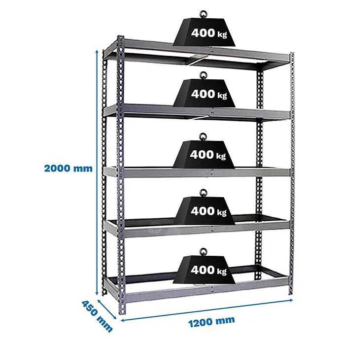 Simonrack Ecoforte Estantería para cargas pesadas Metal - Al x An x Pr: 200 x 120 x 60 cm, Número de baldas: 5 ud., Inserción, Galvanizado, Capacidad de carga por balda: 400 kg, Bandejas no incluidas - Estantería metálica de carga pesada con 5 baldas, cada una soporta 400 kg. Medidas totales: 2000x1200x450 mm.