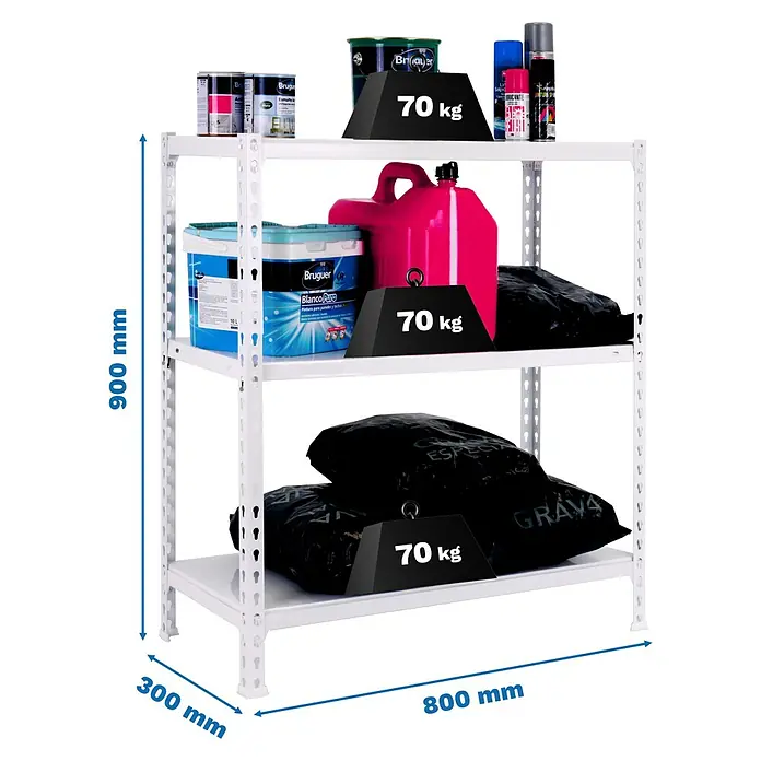 Simonrack Simonclick Metallregal Ecoclick Mini - H x B x T: 90 x 80 x 30 cm, Traglast pro Boden: 70 kg, Anzahl Böden: 3 Stk., Stecken, Weiß - Abbildung eines weißen Regals mit drei Ebenen, beladen mit Farbdosen, einem Kanister und Säcken, wobei das Gewicht mit 70 kg pro Ebene angegeben ist.