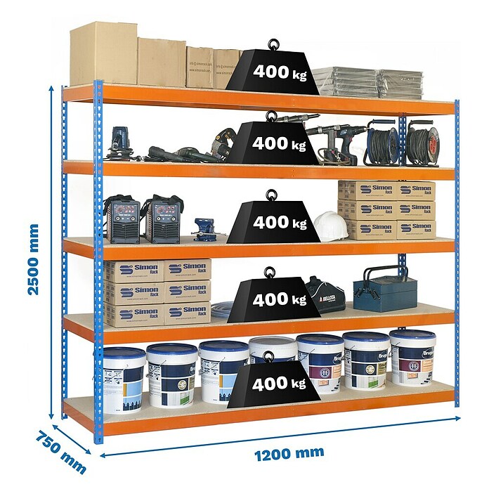 Simonrack Ecoforte Schwerlastregal Ecoforte Chipboard (H x B x T: 250 x 120 x 75 cm, Traglast pro Boden: 400 kg, Anzahl Böden: 5 Stk., Stecken, Blau/Orange) | BAUHAUS