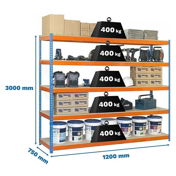 Simonrack Ecoforte Schwerlastregal Ecoforte Chipboard (H x B x T: 300 x 120 x 75 cm, Traglast pro Boden: 400 kg, Anzahl Böden: 5 Stk., Stecken, Blau/Orange) | BAUHAUS