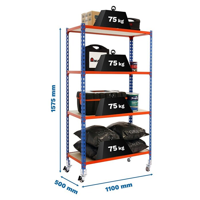 Simonrack Maderclick Estantería metálica Mobile Superplus (Al x An x Pr: 157,5 x 110 x 50 cm, Capacidad de carga: 300 kg, Número de baldas: 4 ud., Inserción, Azul/Naranja) | BAUHAUS