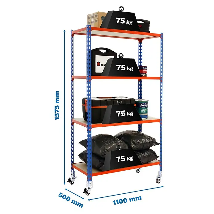 Simonrack Maderclick Estantería metálica Mobile Superplus - Al x An x Pr: 157,5 x 110 x 50 cm, Número de baldas: 4 ud., Inserción, Azul/Naranja - Estantería metálica azul/naranja de 4 niveles con ruedas. Cada balda soporta 75 kg. Dimensiones: 1575x1100x500mm.