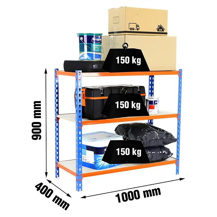 Simonrack Maderclick Metallregal Maderclick Plus - H x B x T: 90 x 100 x 30 cm, Traglast pro Boden: 150 kg, Anzahl Böden: 3 Stk., Stecken, Blau/Orange - Abbildung eines stabilen Lagerregals mit drei Ebenen, belastet mit je 150 kg, ideal für Werkstatt oder Lagerraum.