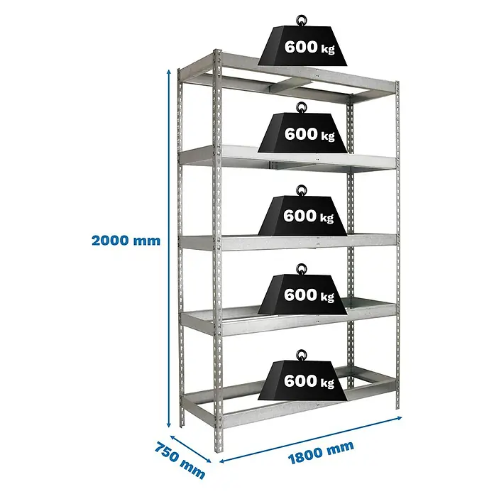 Simonrack Simonforte Estantería para cargas pesadas - Al x An x Pr: 200 x 180 x 75 cm, Número de baldas: 5 ud., Inserción, Galvanizado, Capacidad de carga por balda: 600 kg - Estantería metálica galvanizada, 2000x1800x750 mm, con 5 baldas, cada una soporta 600 kg.