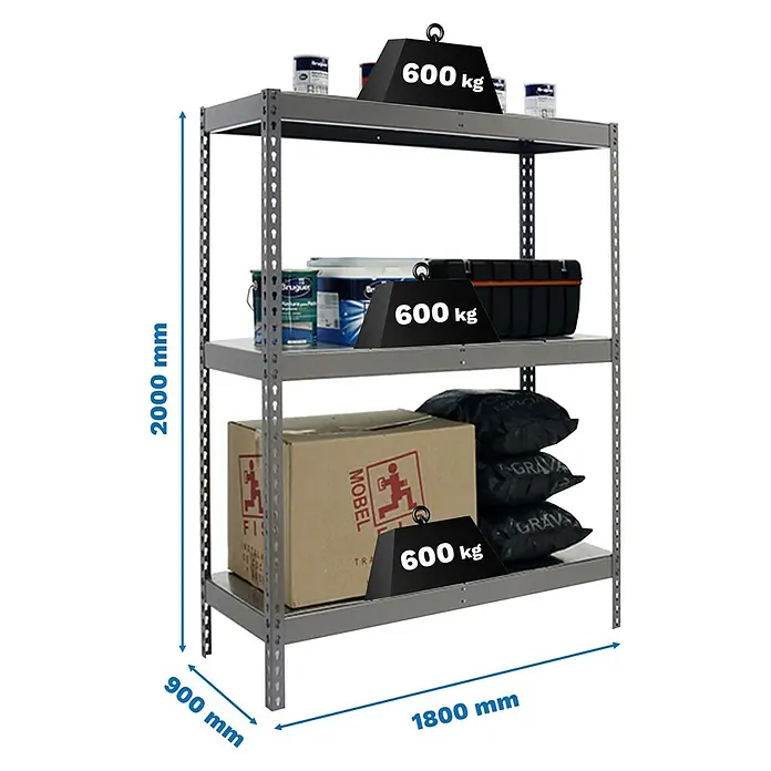 Simonrack Simonforte Schwerlastregal Simonforte Metall - H x B x T: 200 x 180 x 90 cm, Traglast pro Boden: 600 kg, Anzahl Böden: 3 Stk., Stecken, Grau/Silber - Abbildung eines Schwerlastregals mit vier Ebenen, gefüllt mit Farbdosen, einem Werkzeugkasten, einem Karton und Sandsäcken, belastet mit je 600 kg.