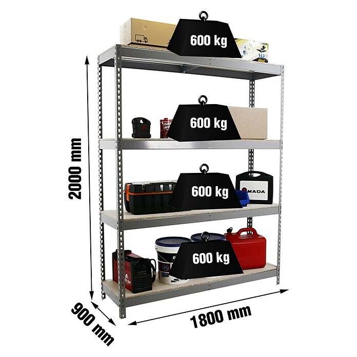 Simonrack Simontaller Schwerlastregal Simonforte Chipboard (H x B x T: 200 x 180 x 90 cm, Traglast pro Boden: 600 kg, Anzahl Böden: 4 Stk., Stecken, Grau) | BAUHAUS