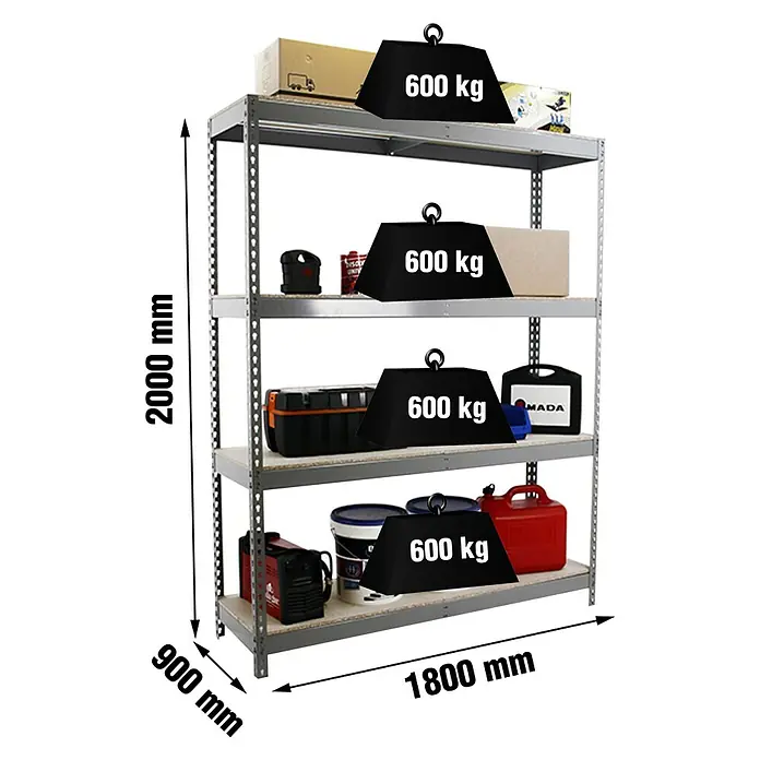 Simonrack Simonforte Schwerlastregal Simonforte Chipboard - H x B x T: 200 x 180 x 90 cm, Traglast pro Boden: 600 kg, Anzahl Böden: 4 Stk., Stecken, Grau - Abbildung eines Metallregals mit vier Ebenen, beladen mit verschiedenen Gegenständen und Gewichtsangaben.