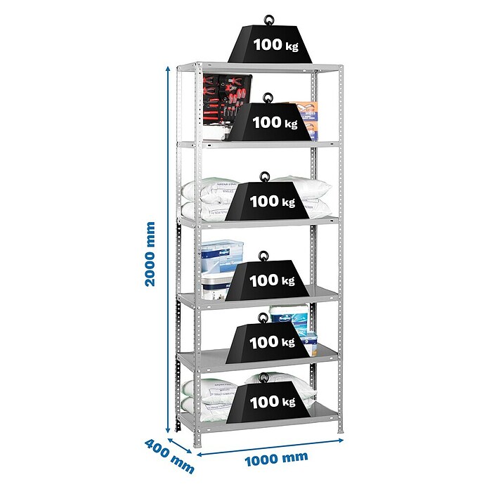 Simonrack Simonclassic Estantería metálica Comfort Plus (Al x An x Pr: 200 x 100 x 40 cm, Capacidad de carga por balda: 100 kg, Número de baldas: 6 ud., Atornillado, Gris) | BAUHAUS