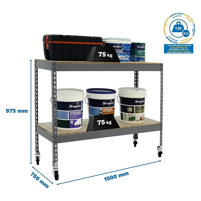 Simonrack Simontaller Metallregal Ecoforte Chipboard Mobil - H x B x T: 97,5 x 150 x 75 cm, Traglast pro Boden: 75 kg, Anzahl Böden: 2 Stk., Stecken, Grau, Rollen - Produktbild eines stabilen Werkstattregals mit zwei Ablageflächen und Rollen, ideal für Lagerung und Organisation.