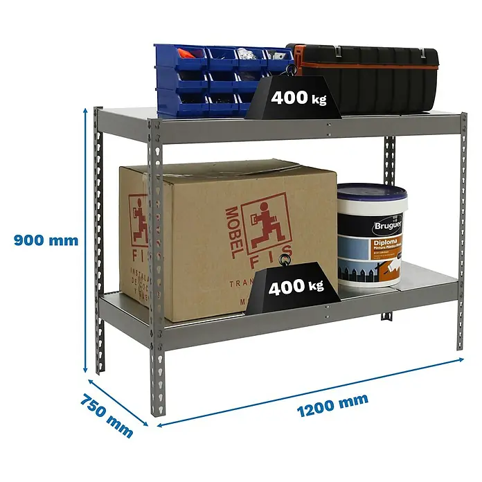Simonrack Ecoforte Metallregal Ecoforte Metall - H x B x T: 90 x 120 x 75 cm, Traglast pro Boden: 400 kg, Anzahl Böden: 2 Stk., Stecken, Grau - Abbildung eines Metallregals mit zwei Ebenen, beladen mit Werkzeugkasten, Kiste und Farbeimer, mit Gewichtsangaben versehen.