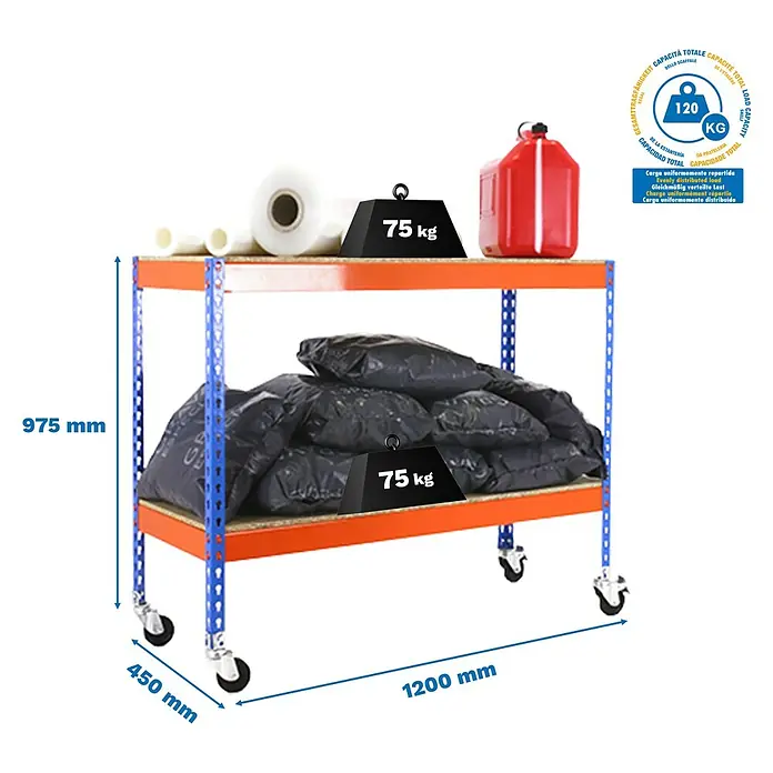 Simonrack Simontaller Metallregal Ecoforte Chipboard Mobil - H x B x T: 97,5 x 120 x 45 cm, Traglast pro Boden: 75 kg, Anzahl Böden: 2 Stk., Stecken, Blau/Orange, Rollen - Ein Rollregal mit zwei Ebenen, belastet mit Gewichten und verschiedenen Gegenständen, Maße sind angegeben.