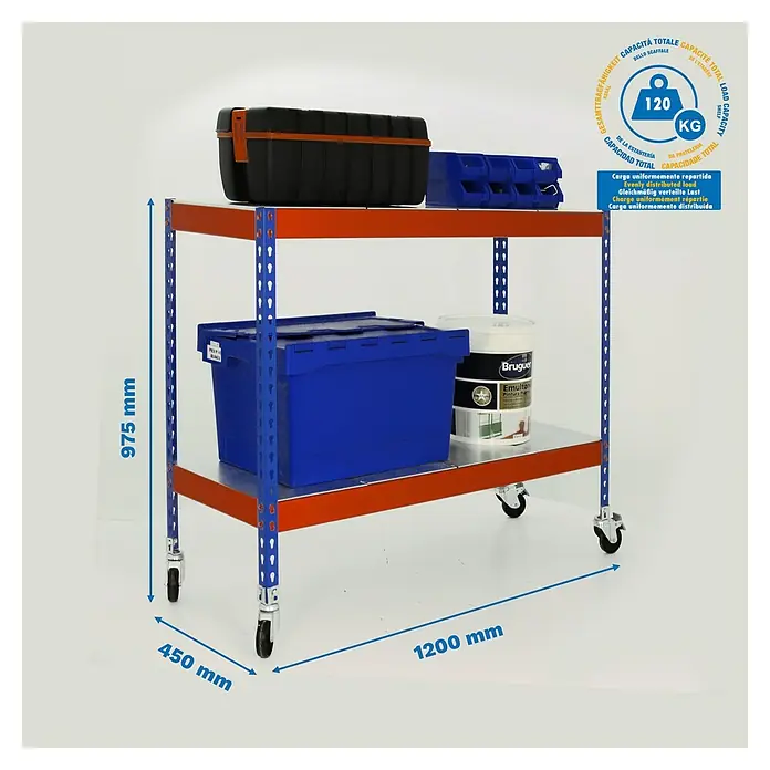Simonrack Simontaller Metallregal Ecoforte Metall Mobil - H x B x T: 97,5 x 120 x 45 cm, Traglast pro Boden: 75 kg, Anzahl Böden: 2 Stk., Stecken, Blau/Orange, Rollen - Ein stabiler, rollbarer Werkstattwagen mit zwei Ablagen, ideal für Werkstatt und Lager. Belastbar bis 120 kg, für organisiertes Arbeiten.