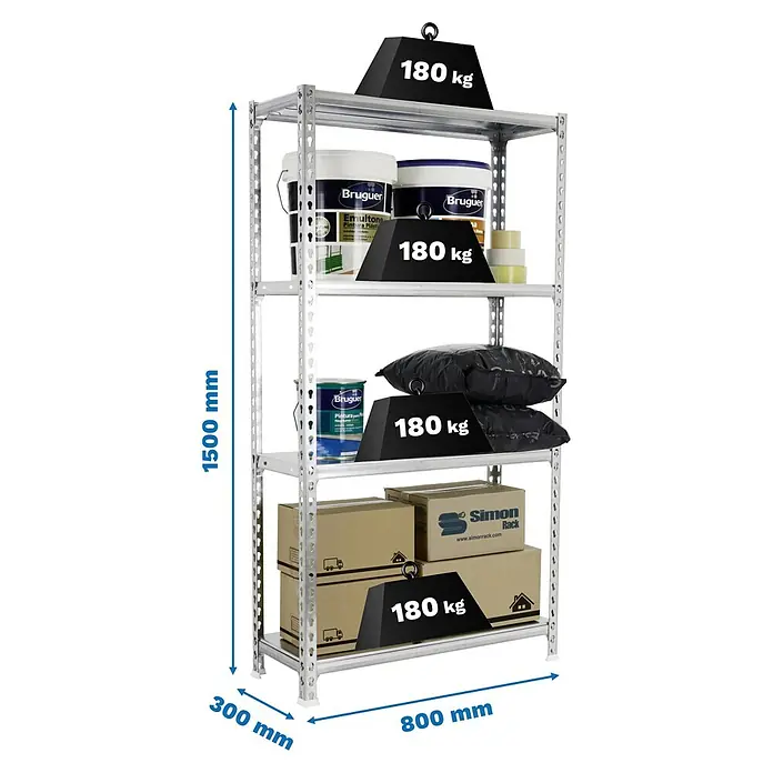 Simonrack Simonclick Metallregal Simonclick Mini - H x B x T: 150 x 80 x 30 cm, Traglast pro Boden: 180 kg, Anzahl Böden: 4 Stk., Stecken, Silber/Silber - Ein silbernes Schwerlastregal mit vier Ebenen, beladen mit Farbeimern, Kartons und Sandsäcken, die jeweils mit "180 kg" gekennzeichnet sind.