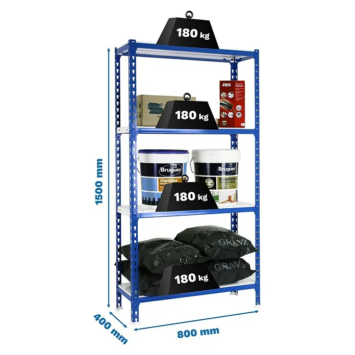 Simonrack Simonclick Metallregal Simonclick Mini - H x B x T: 150 x 80 x 40 cm, Traglast pro Boden: 180 kg, Anzahl Böden: 4 Stk., Stecken, Blau/Weiß - Ein blaues Regal mit vier Ebenen, beladen mit Farbeimern, Sandsäcken und Werkzeug, wobei jede Ebene zusätzlich mit 180 kg belastet ist.