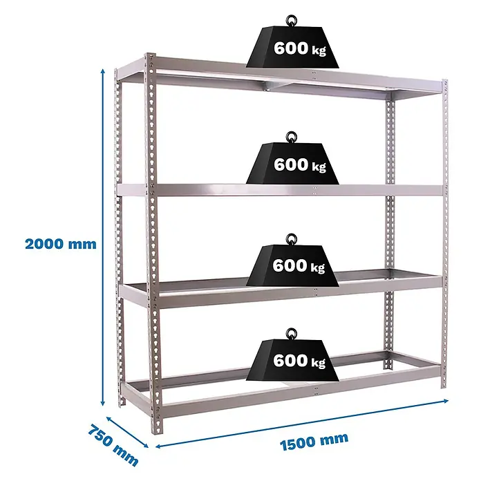 Simonrack Simonforte Estantería para cargas pesadas - Al x An x Pr: 200 x 150 x 75 cm, Número de baldas: 4 ud., Inserción, Galvanizado, Capacidad de carga por balda: 600 kg - Estantería metálica gris con 4 baldas, cada una soporta 600kg. Medidas: 2000x750x1500mm.