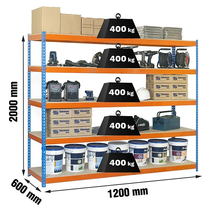 Simonrack Ecoforte Schwerlastregal Chipboard - H x B x T: 200 x 120 x 60 cm, Traglast pro Boden: 400 kg, Anzahl Böden: 5 Stk., Stecken, Blau/Orange - Abbildung eines Schwerlastregals mit fünf Böden und einer Traglast von 400 kg pro Ebene.