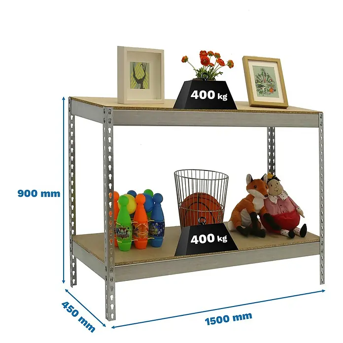 Simonrack Simontaller Schwerlastregal Ecoforte Chipboard - H x B x T: 90 x 150 x 45 cm, Traglast pro Boden: 400 kg, Anzahl Böden: 2 Stk., Stecken, Silber - Das Bild zeigt ein Regal mit zwei Ebenen. Die Maße sind 900 mm Höhe, 450 mm Tiefe und 1500 mm Breite. Es ist mit diversen Gegenständen dekoriert.