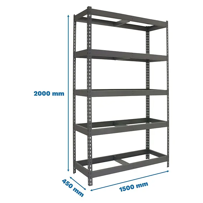 Simonrack Ecoforte Estantería para cargas pesadas Metal - Al x An x Pr: 200 x 150 x 45 cm, Número de baldas: 5 ud., Inserción, Gris, Capacidad de carga por balda: 400 kg, Bandejas no incluidas - Estantería metálica gris de 5 baldas, 2000 mm alto, 1500 mm ancho, 450 mm profundo.