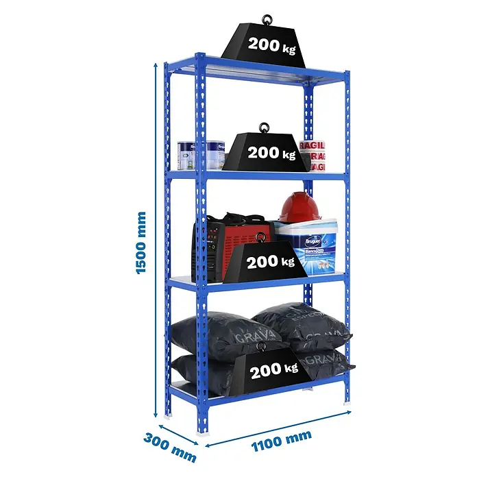 Simonrack Simonclick Metallregal Simonclick Super Plus - H x B x T: 150 x 110 x 30 cm, Traglast pro Boden: 200 kg, Anzahl Böden: 4 Stk., Stecken, Blau/Silber - Bild eines blauen Regalsystems mit fünf Ebenen, das mit verschiedenen Gewichten und Gegenständen beladen ist.