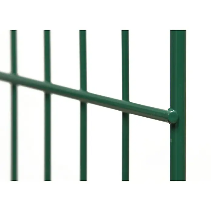 Floraworld Mattenzaun - B x H: 200 x 125 cm, Moosgrün, Einstabmattenzaun - Nahaufnahme eines grünen Doppelstabmattenzauns, der Stabilität und Sicherheit für Ihr Grundstück bietet.