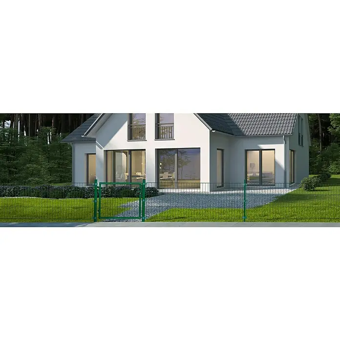 Floraworld Mattenzaun - B x H: 200 x 75 cm, Moosgrün, Einstabmattenzaun - Ein grüner Doppelstabmattenzaun mit Tor, der ein modernes Haus umgibt. Der Zaun bietet Sicherheit und fügt sich harmonisch in die Gartenlandschaft ein.