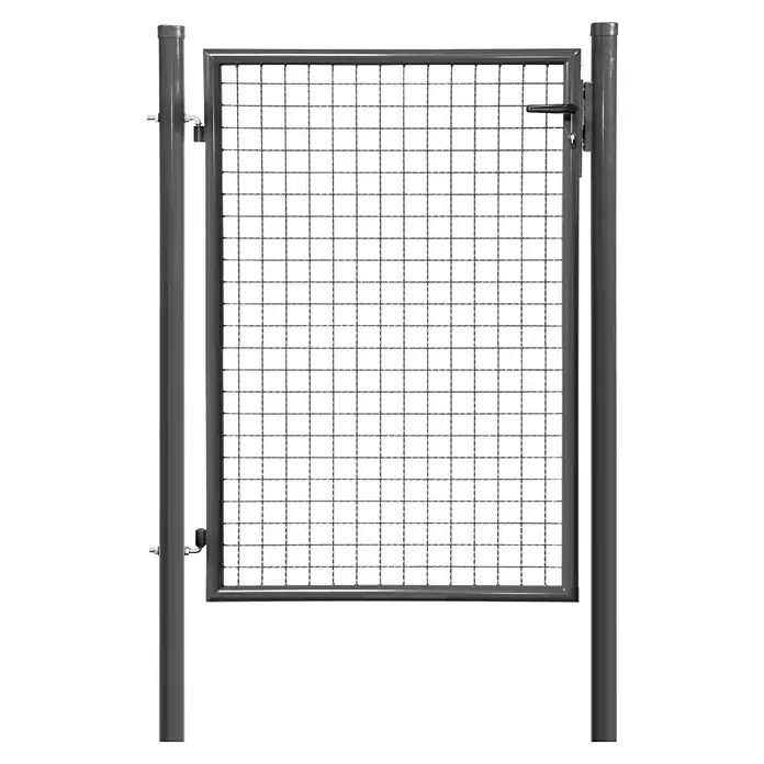 Floraworld Zauntor Standard - 100 x 125 cm, Anthrazit, Stahl, Zum Einbetonieren - Graues Metalltor mit Drahtgitterfüllung, Griff und Schloss, an zwei Pfosten befestigt.